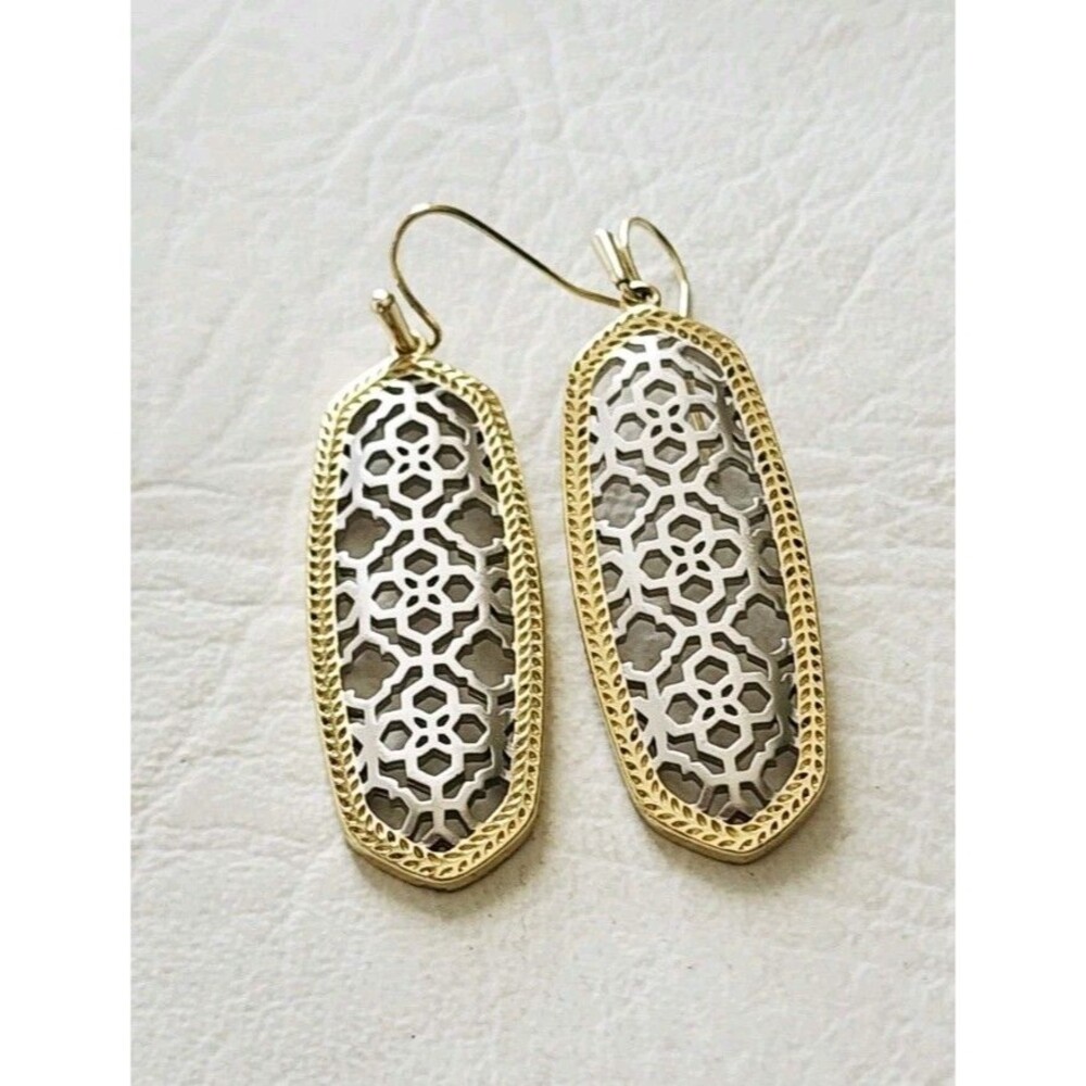 Kendra Scott Brenna Earrings 14K Gold Plate Rhodium Filigree Two Tone Drop